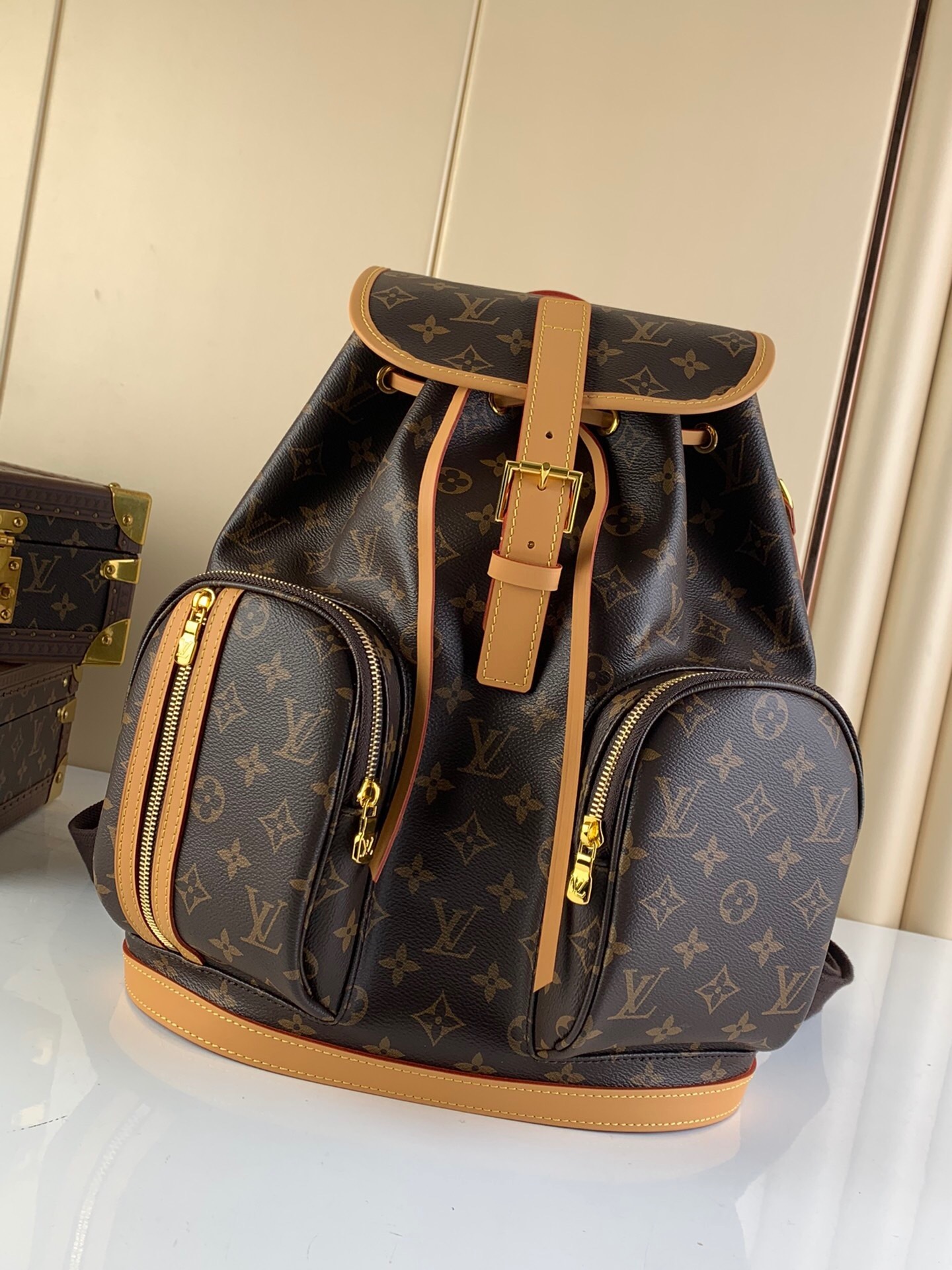 LV Bosphore backpack in monogram canvas with natural cowhide leather trim