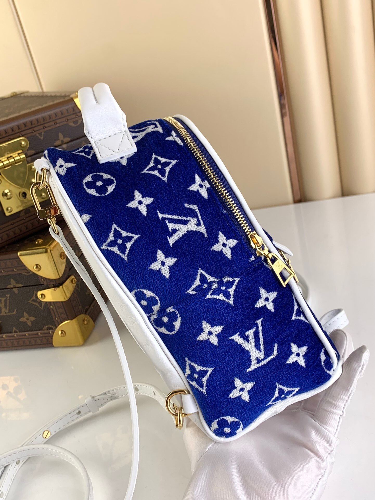 LV Blue/White Monogram Velvet and Leather Palm Springs Backpack