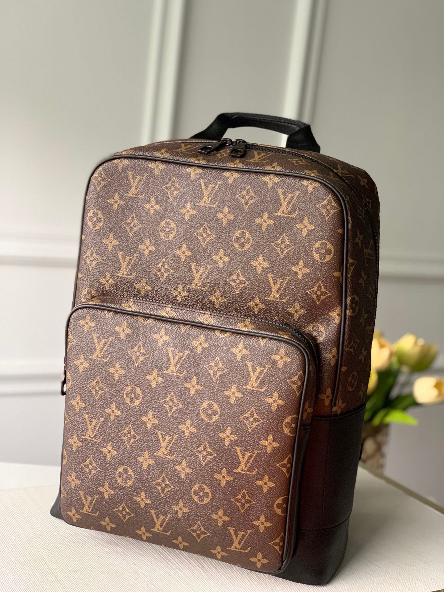 LV Dean Backpack in Monogram Macassar canvas with black leather trim