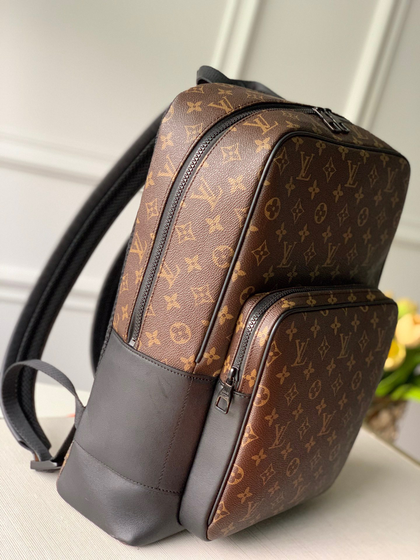 LV Dean Backpack in Monogram Macassar canvas with black leather trim