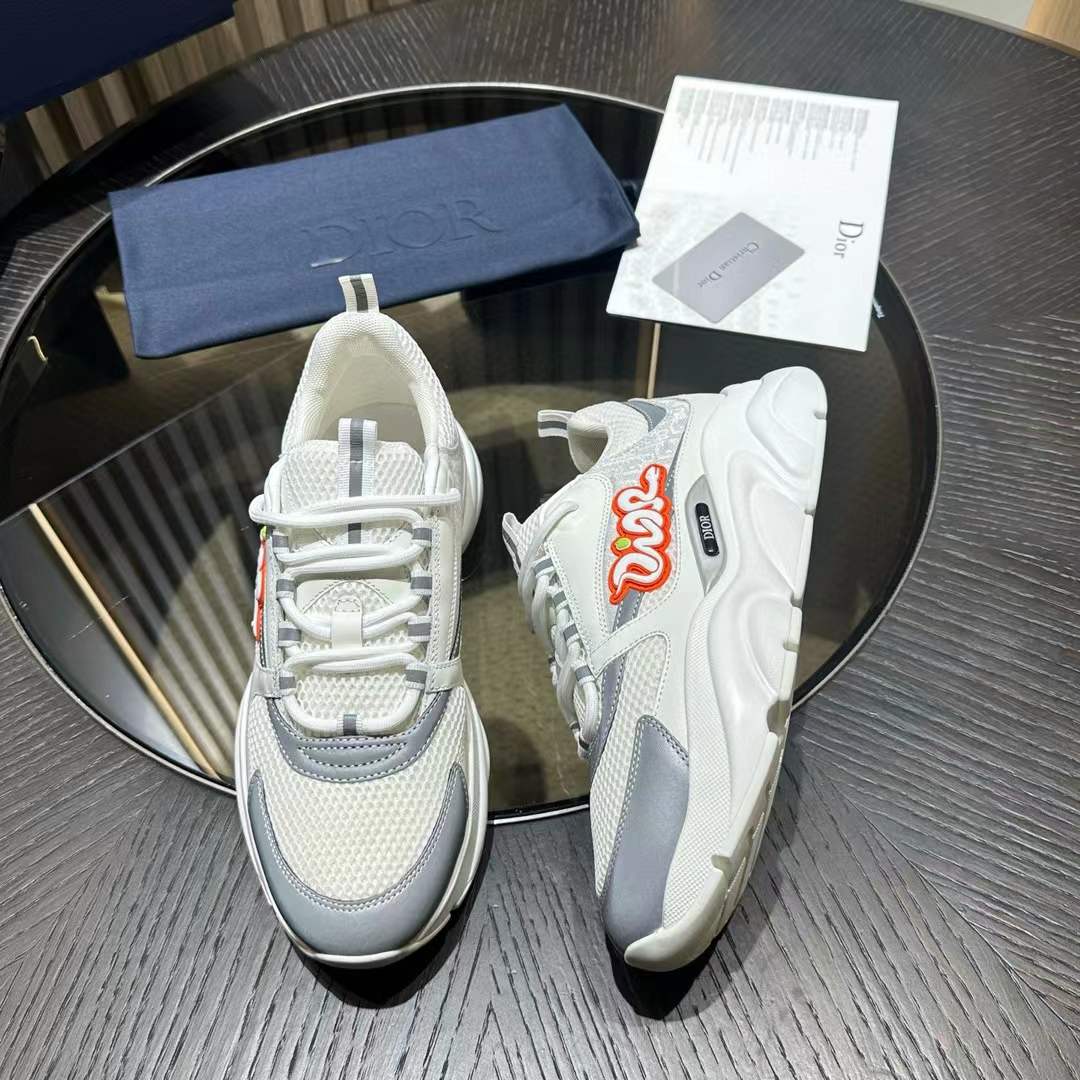Dior B22 sneakers in white and gray mesh with smooth calfskin overlays
