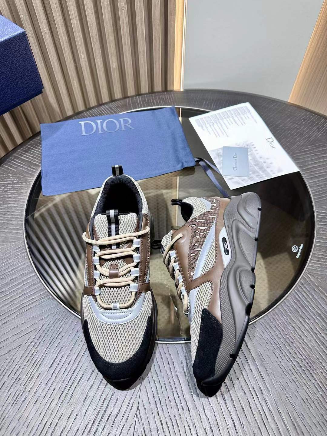 Dior B22 sneakers in a beige, brown, and black colorway