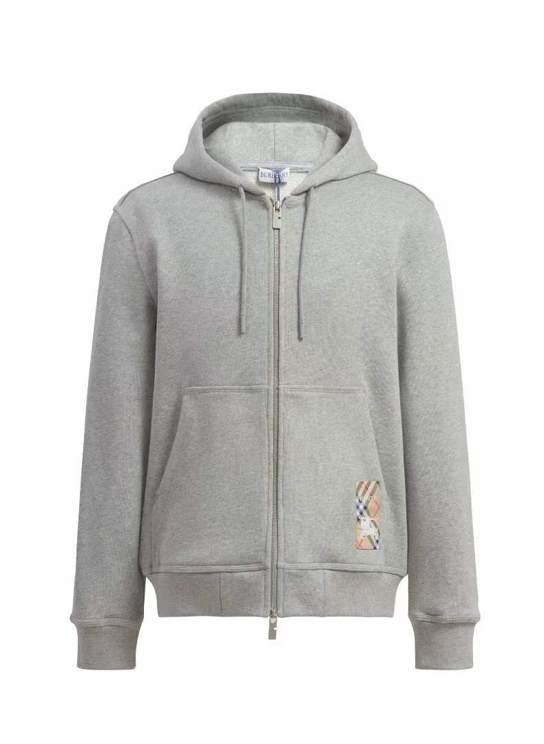 Burberry Check Cotton Blend Zip Hoodie in grey