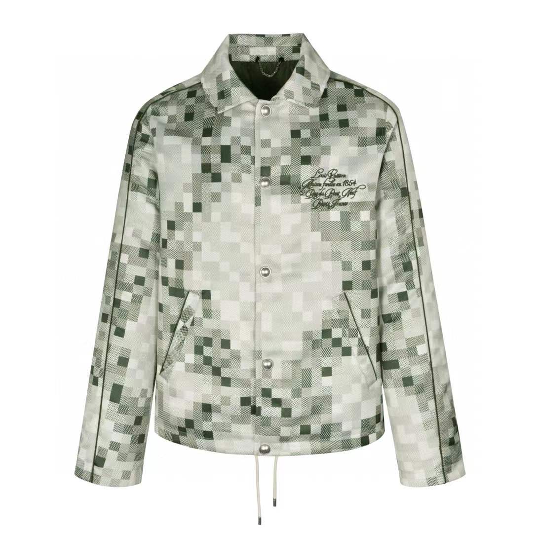 LV Graphic Coach Jacket in the pixelated pale khaki and beige "Snakoflage" print