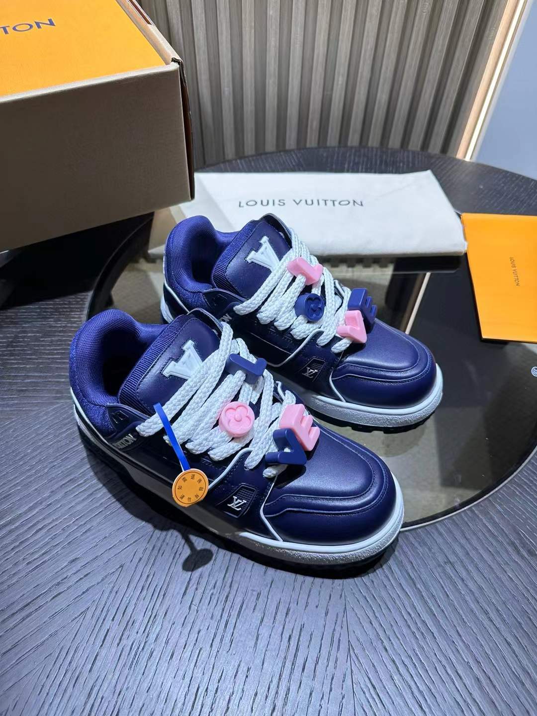 LV Trainer Maxi Sneakers in blue leather with pink accents