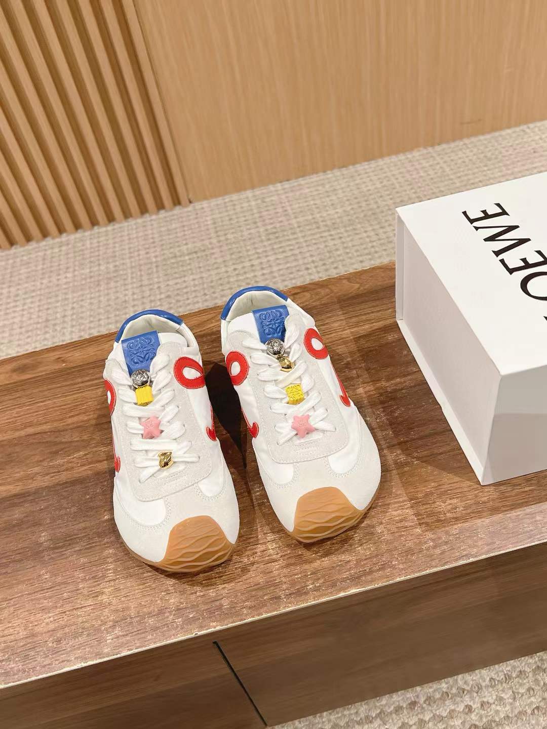 Loewe Ballet Runner 2.0 sneaker in nylon and calfskin in the "Soft White/Cherry/Royal Blue" colorway.