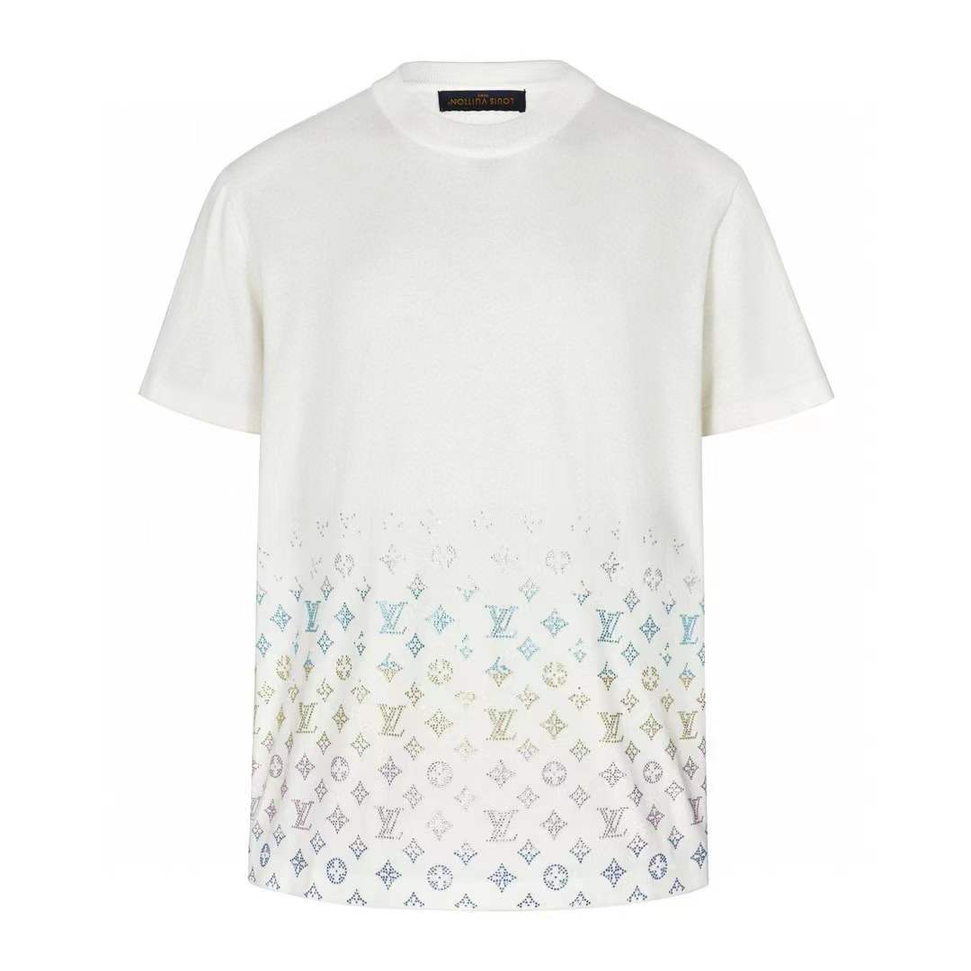 LV Monogram Gradient Embellished Short-Sleeved Crewneck T-shirt in Milky White