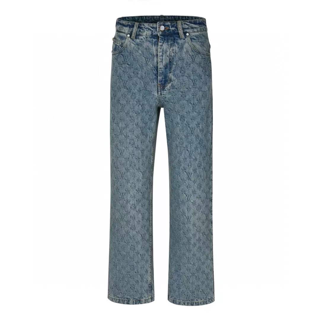 Gucci GG denim jacquard pants in blue and ivory.