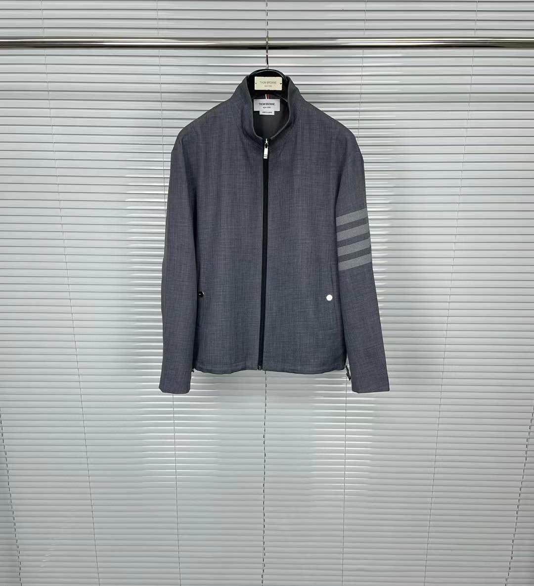 Thom Browne 4-Bar striped wool-cashmere blend jacket in medium grey