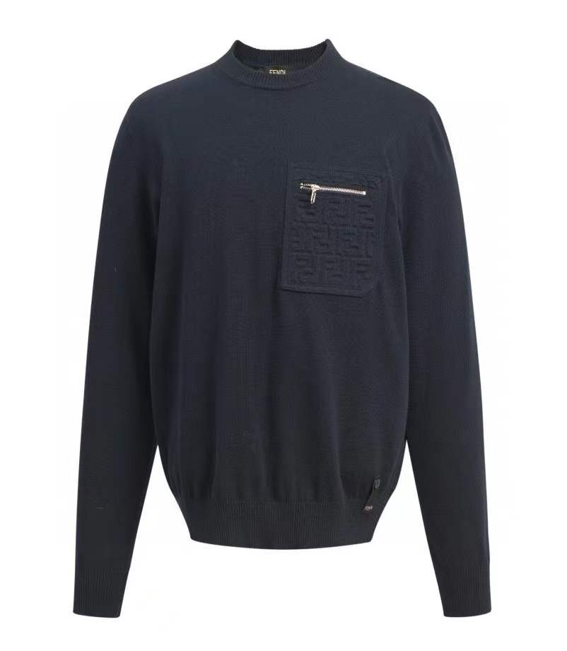 Fendi navy blue wool sweater with an embossed FF logo zip pocket