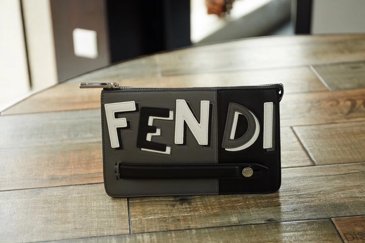 Fendi men's black and grey leather clutch bag with a large logo applique