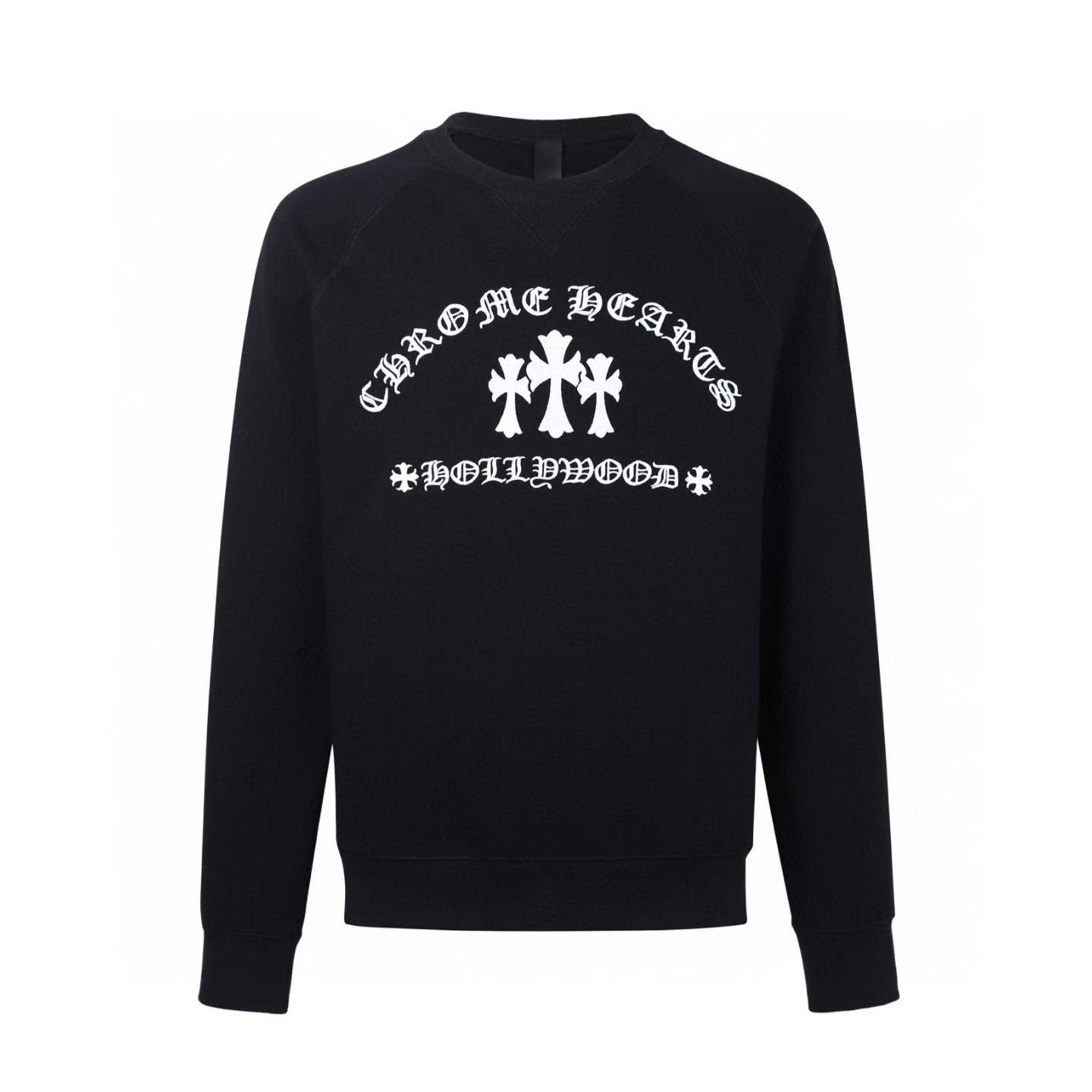 Chrome Hearts Hollywood Black sweatshirt featuring a graphic of three crosses and "CHROME HEARTS HOLLYWOOD" text