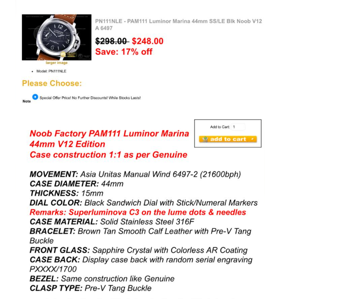 PN111NLE - PAM111 Luminor Marina 44mm SS/LE Blk Noob V12 A 6497 $248