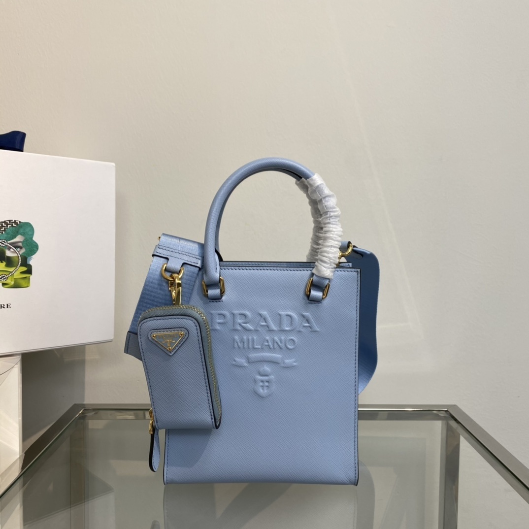 Prada Logo-embossed Tote Bag in blue leather