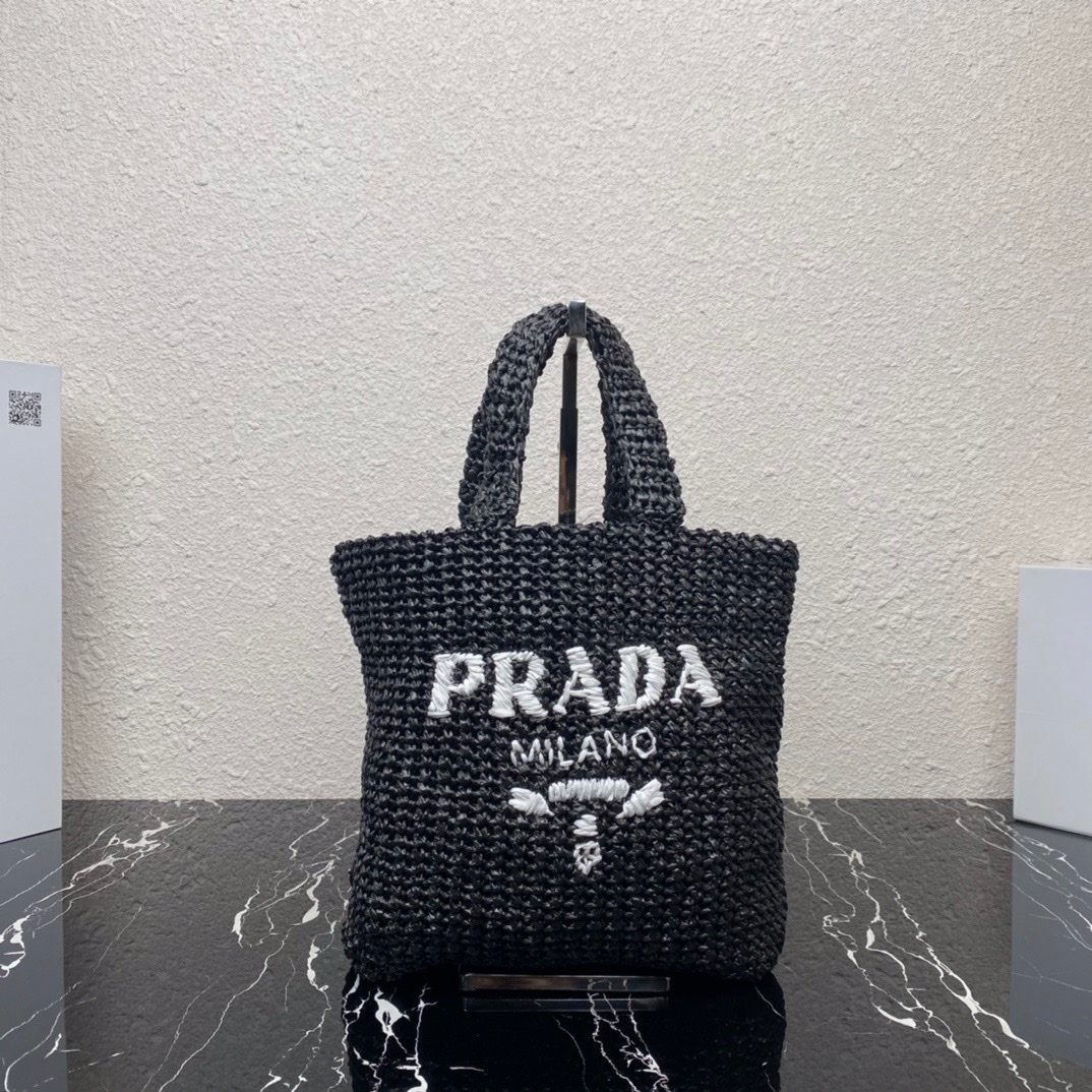 Prada black raffia tote bag with an embroidered logo