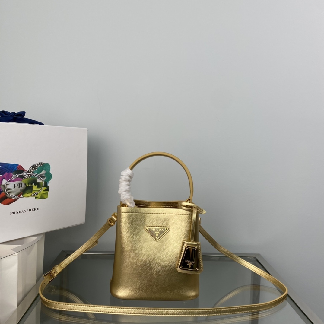 Prada mini Panier bucket bag in gold Saffiano leather