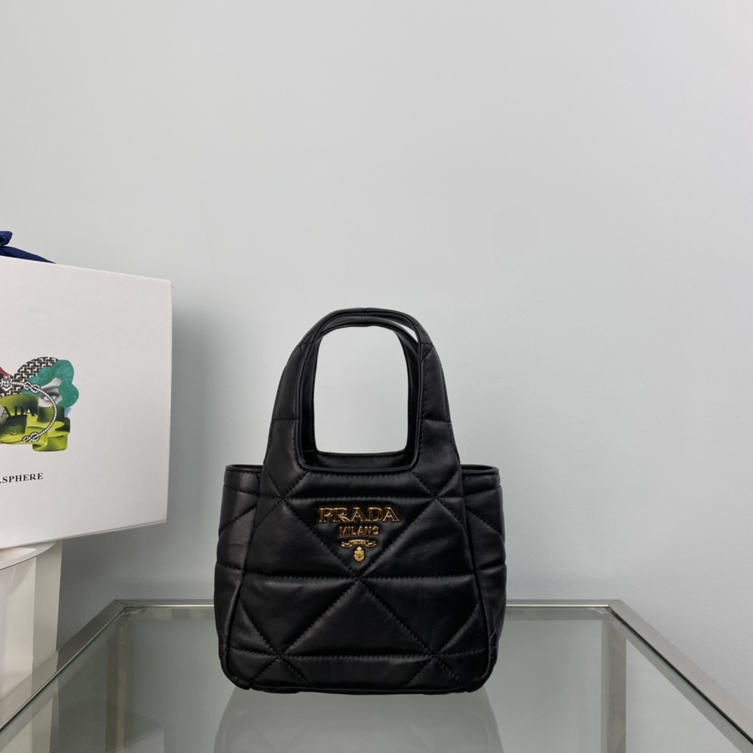Prada Triangle Stitched Leather Tote Bag in black nappa leather