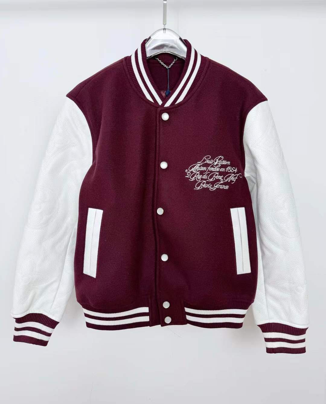 LV Embroidered Calfskin Varsity Jacket in Bordeaux