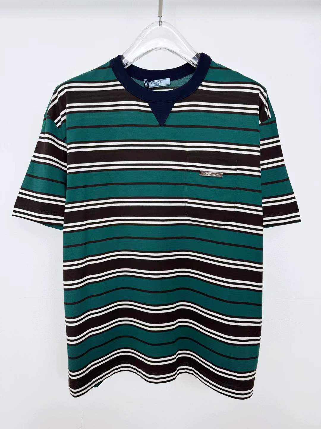 Prada striped cotton jersey T-shirt in Ebano + Smearaldo (brown and emerald green)