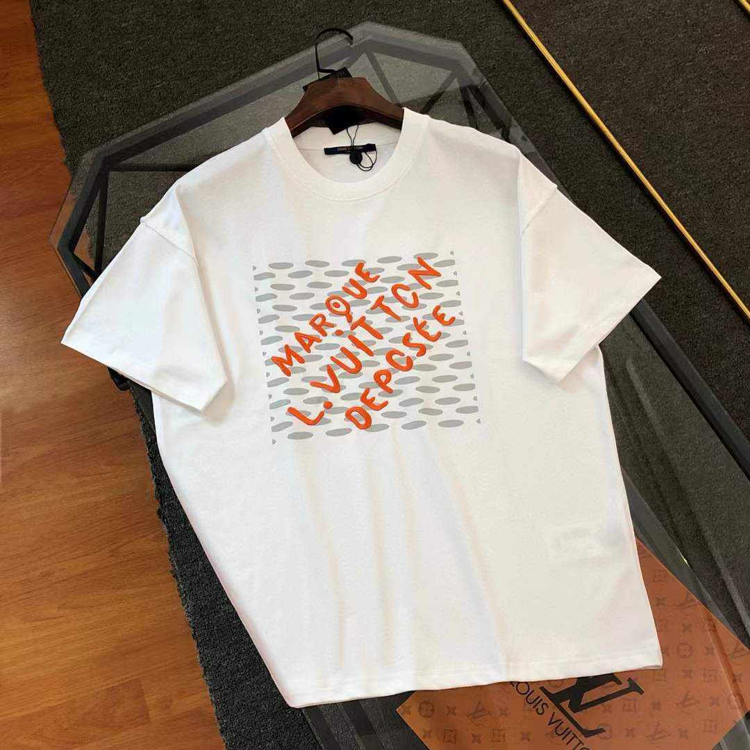LV white cotton t-shirt with an orange "Marque L. Vuitton Déposée" graphic print