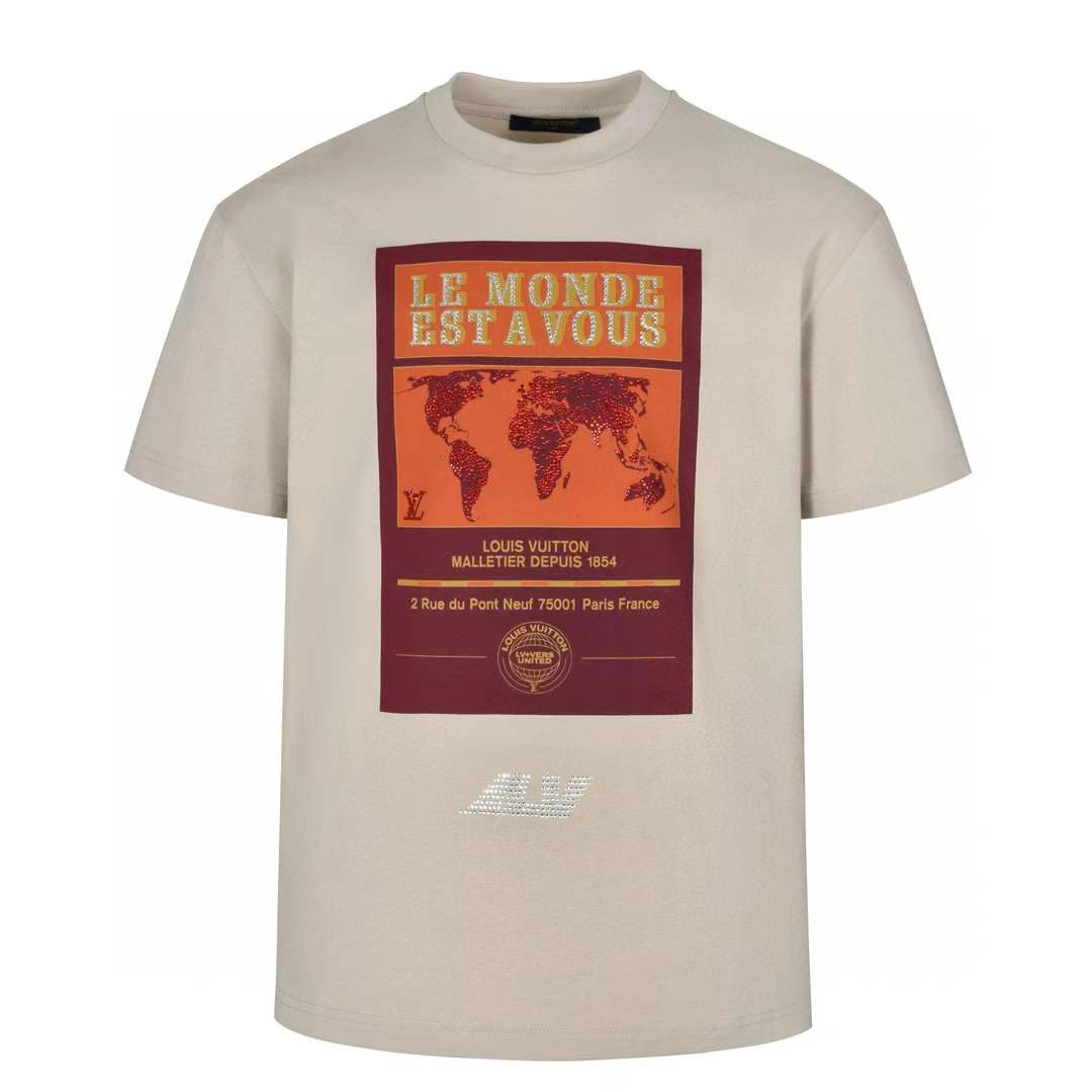 LV Embellished Graphic Cotton T-shirt in beige