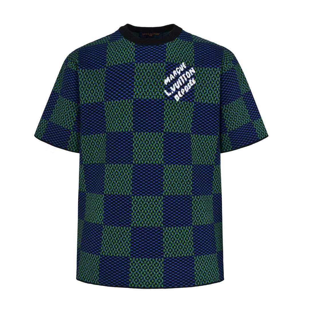 LV Jacquard Damier Short-Sleeved Cotton Crewneck in blue and green tone t-shirt