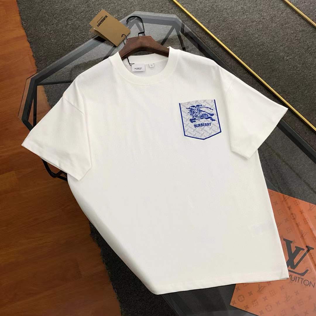 Burberry white cotton logo-print T-shirt with a blue graphic on the chest pocket