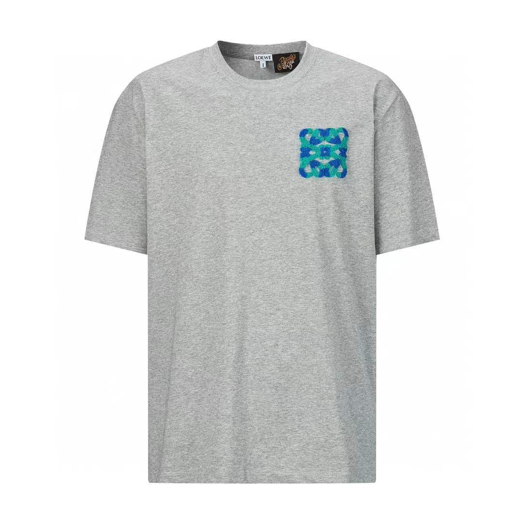 Loewe Relaxed fit T-shirt in grey melange cotton with a logo or Anagram embroidery pocket on the chest