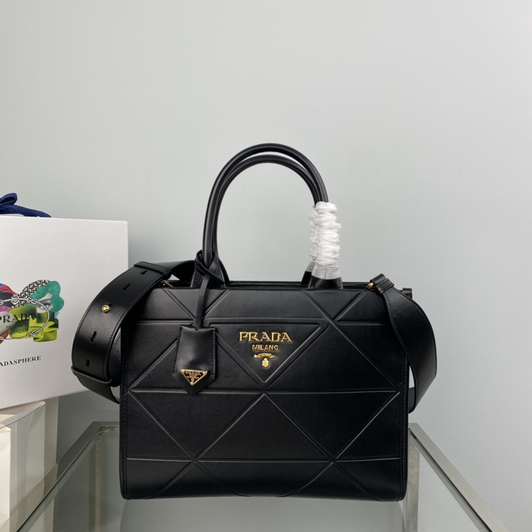 Prada Soft Calfskin Triangolo Symbole Embossed Small Tote in black