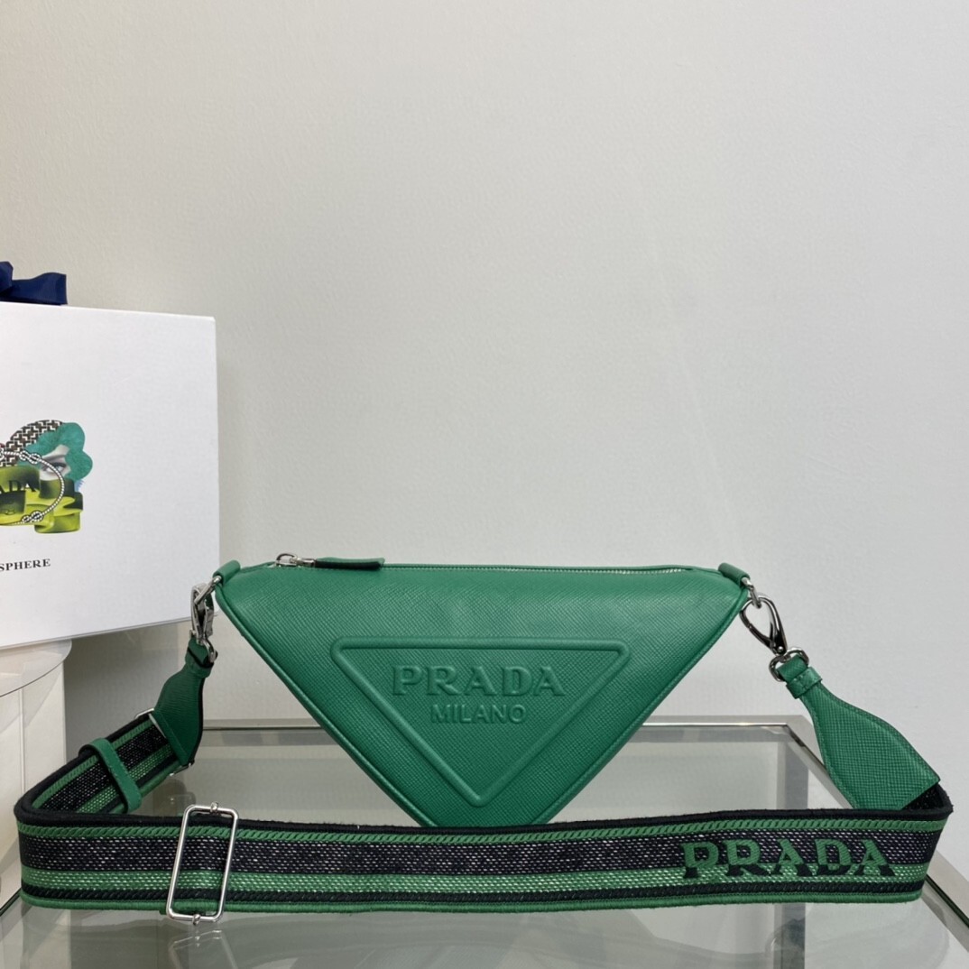 Prada Triangle leather shoulder bag in a mango green color