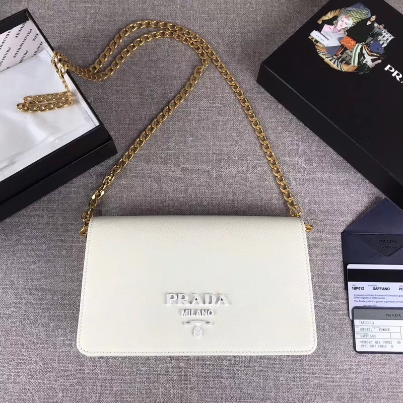 Prada white Saffiano leather mini crossbody flap bag