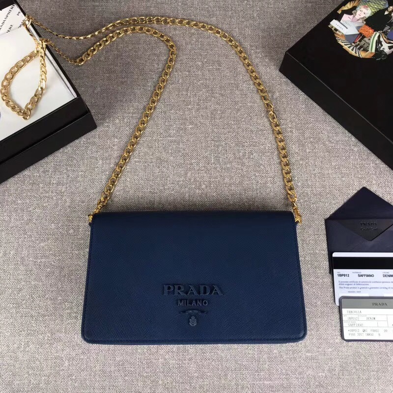 Prada Saffiano Lux Leather Wallet on Chain in blue