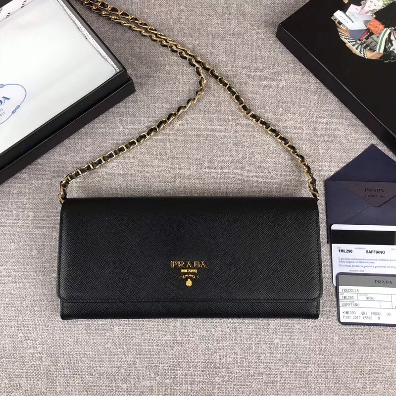 Prada Saffiano leather continental wallet black with gold-tone hardware
