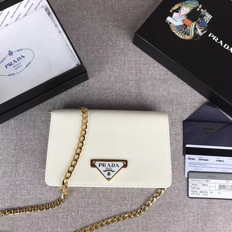 Prada Saffiano Leather Flap Chain bag in white or cream color