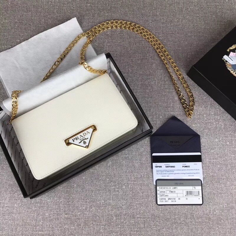 Prada Saffiano Leather Flap Chain bag in white or cream color