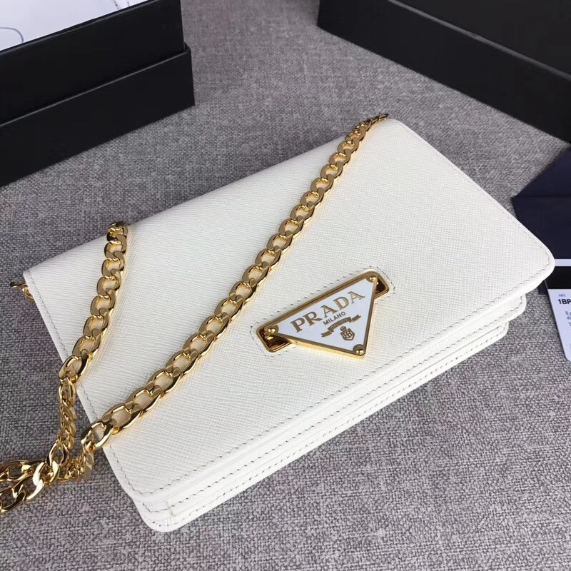 Prada Saffiano Leather Flap Chain bag in white or cream color