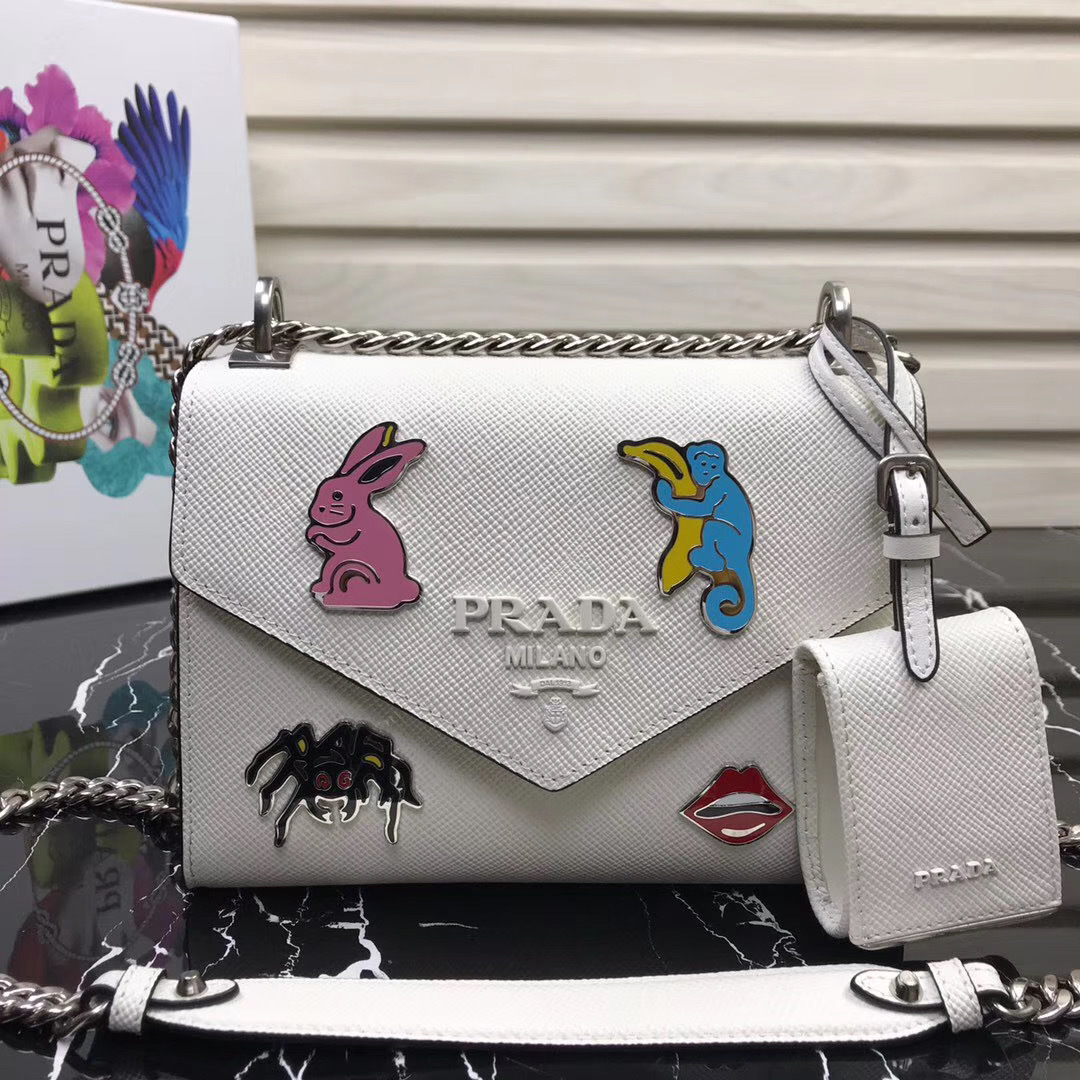 Prada Monochrome shoulder bag in Saffiano leather with animal patches