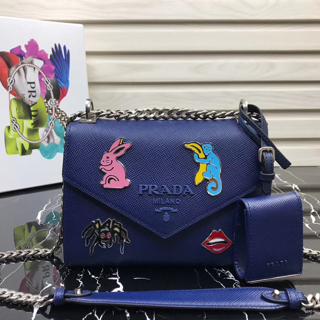 Prada Saffiano leather Monochrome shoulder bag with a chain strap and appliqués blue