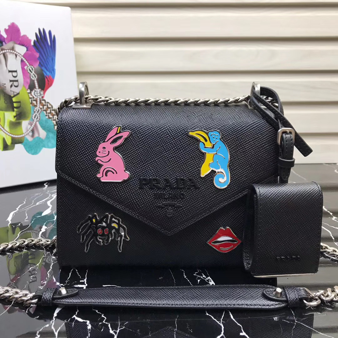Prada Saffiano leather Monochrome shoulder bag with a chain strap and appliqués black
