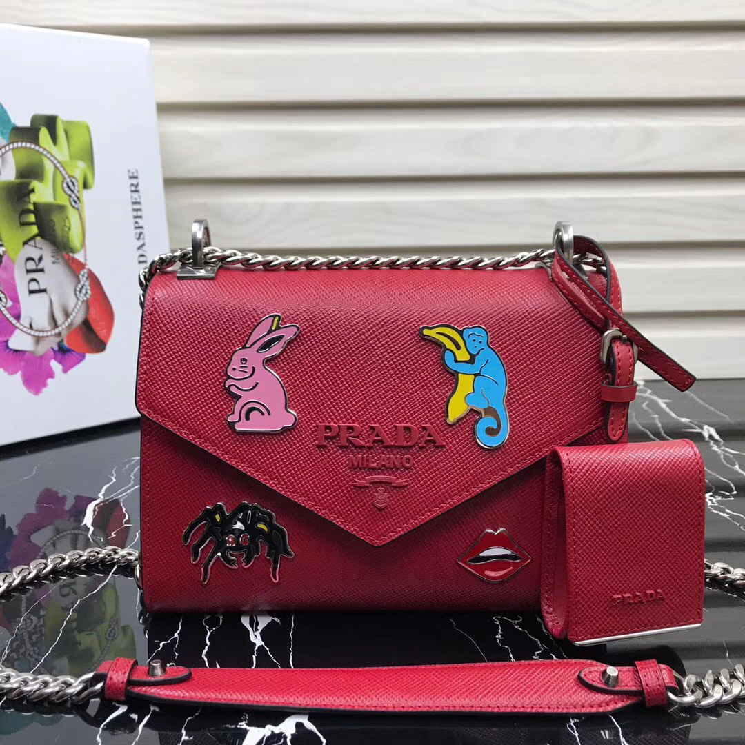 Prada Red Monochrome Embellished small Saffiano leather shoulder bag with a detachable pouch