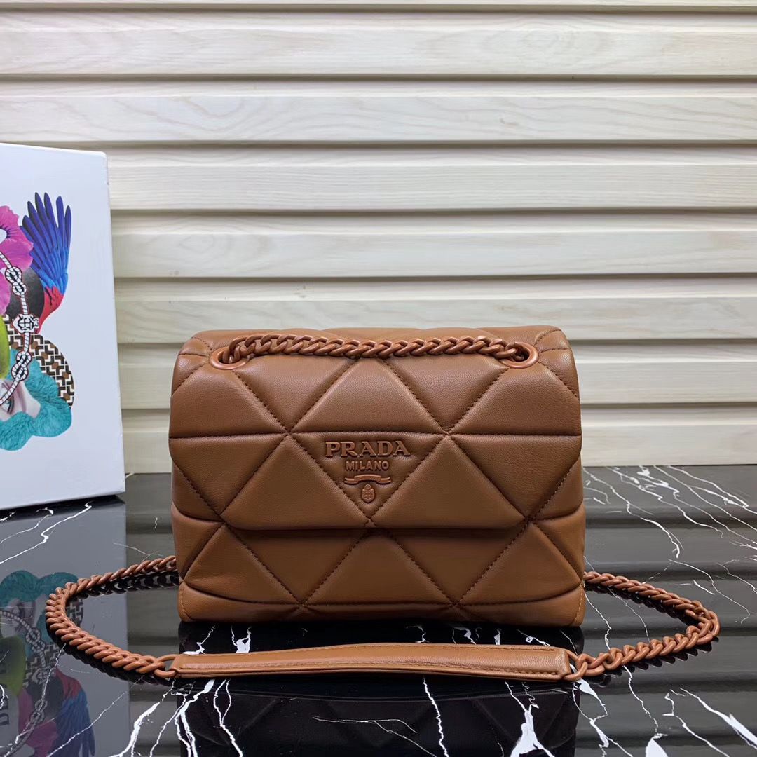 Prada Spectrum diamond-quilt leather shoulder bag in tan brown