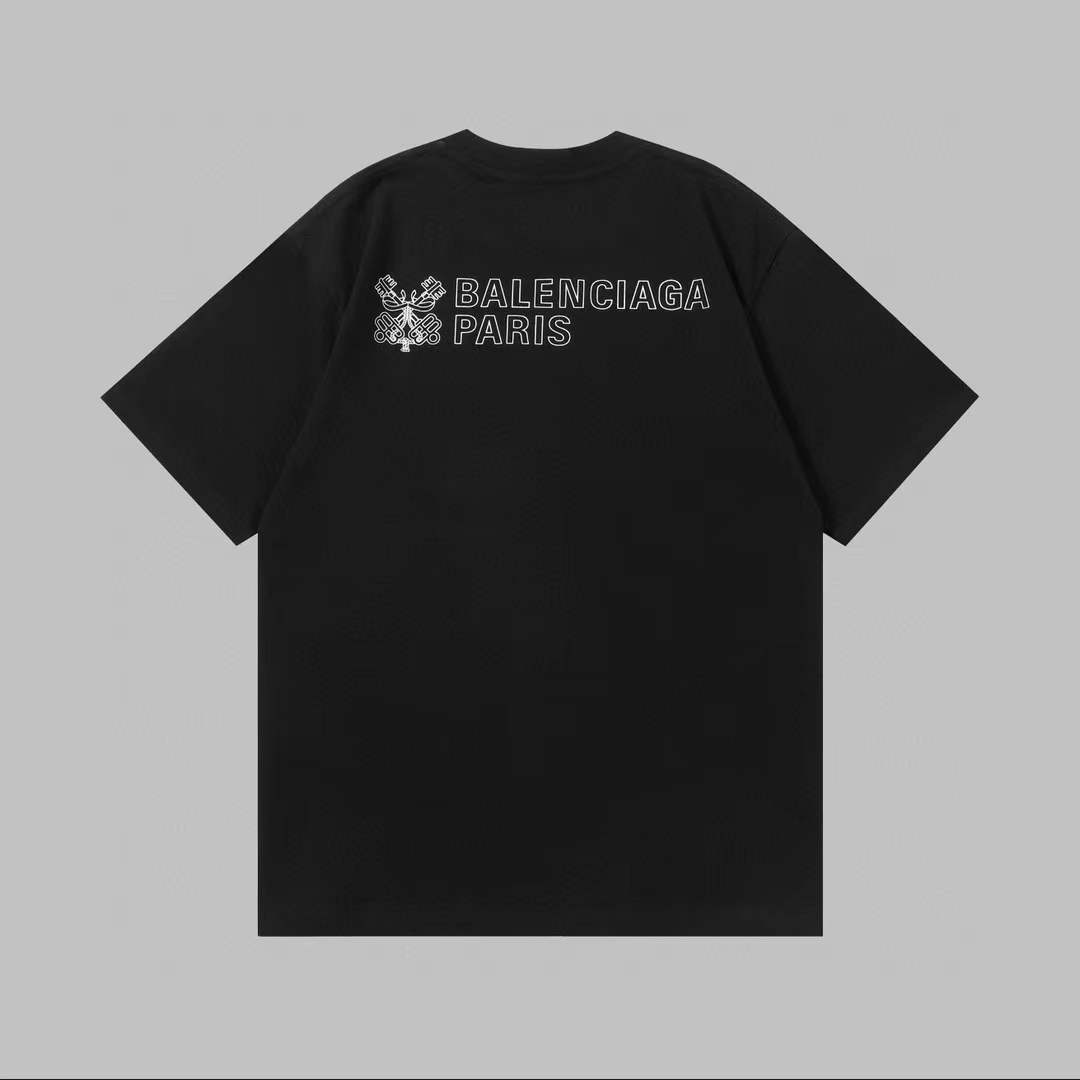 Balenciaga black cotton oversized T-shirt with the House's coat of arms and Parisian address graphic logo print on the back