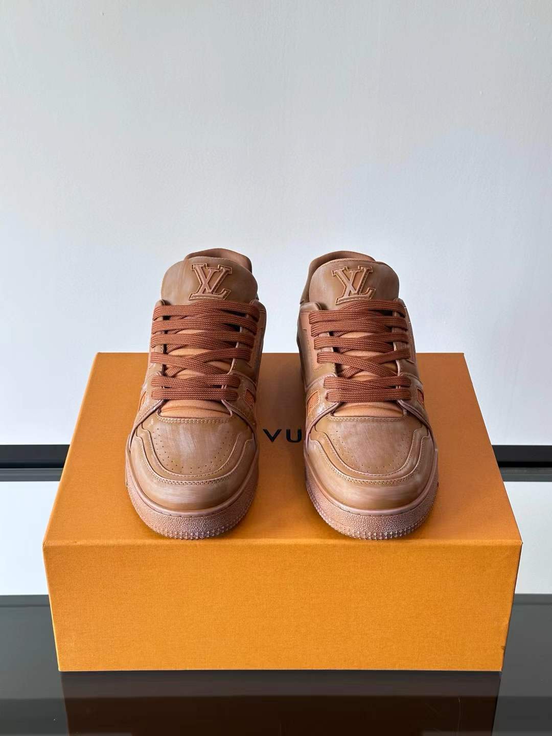 LV Trainer sneakers brown colorway vintage-effect calf leather Brown checkerboard variant