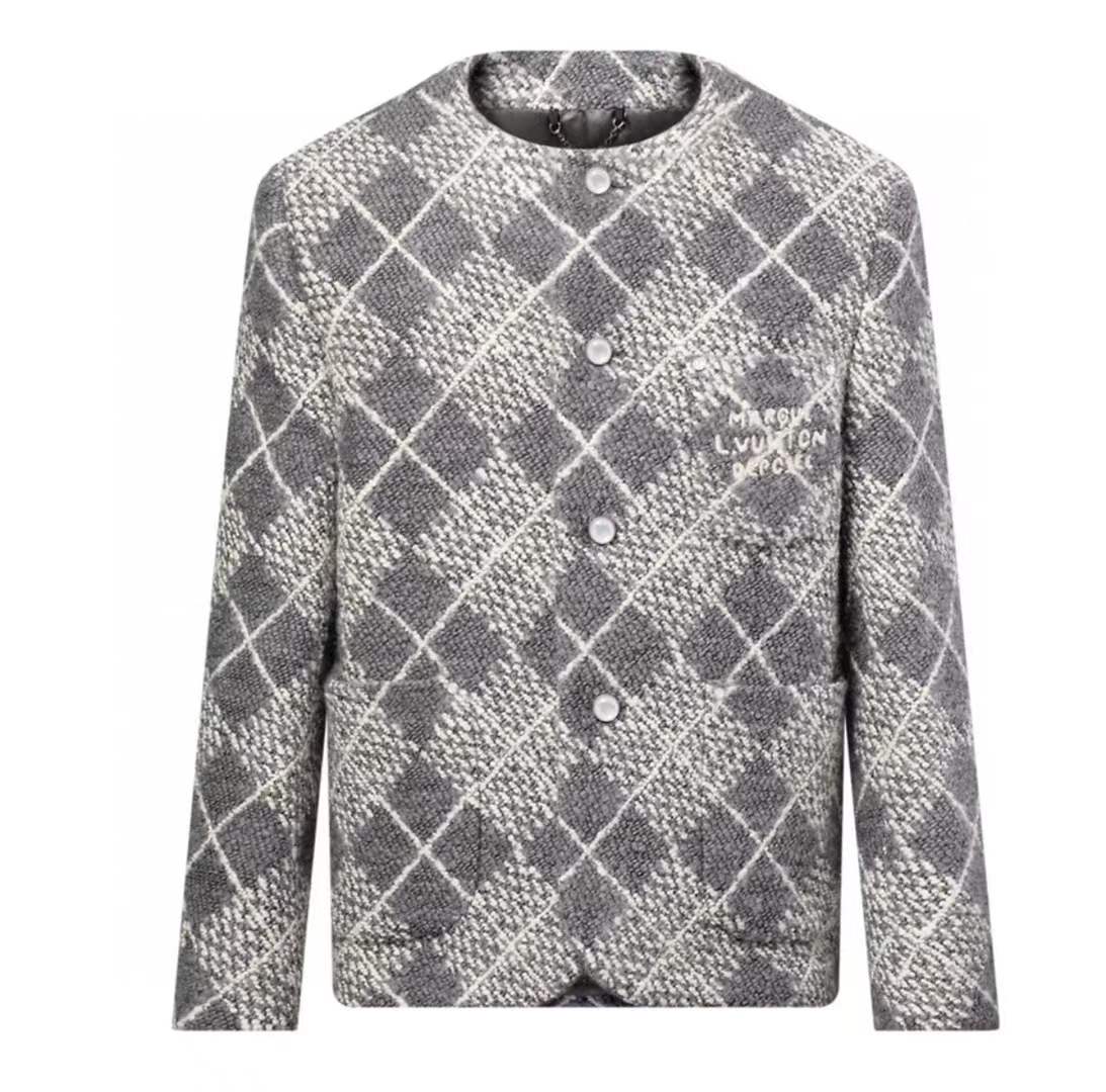 LV Chic Collarless Wool Jacket in a grey bouclette jacquard with an Argyle pattern