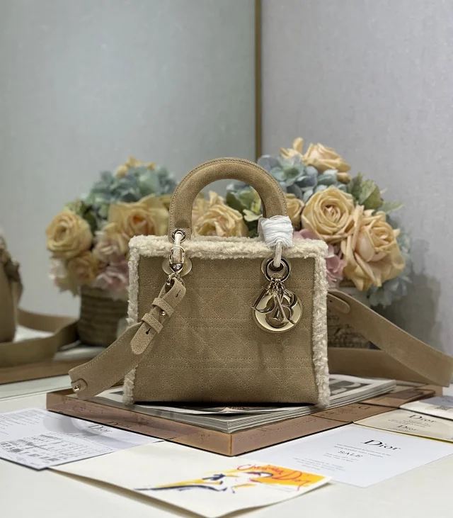 Dior Lady Dior small or mini bag in beige suede with ecru lambskin shearling trim
