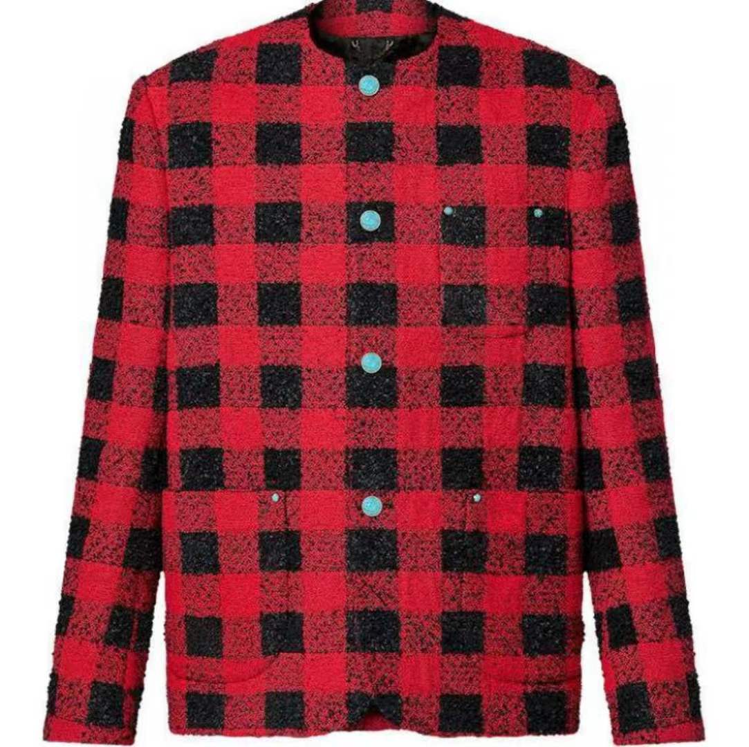 LV Damier Collarless Tweed Jacket in a red and black plaid wool bouclé fabric