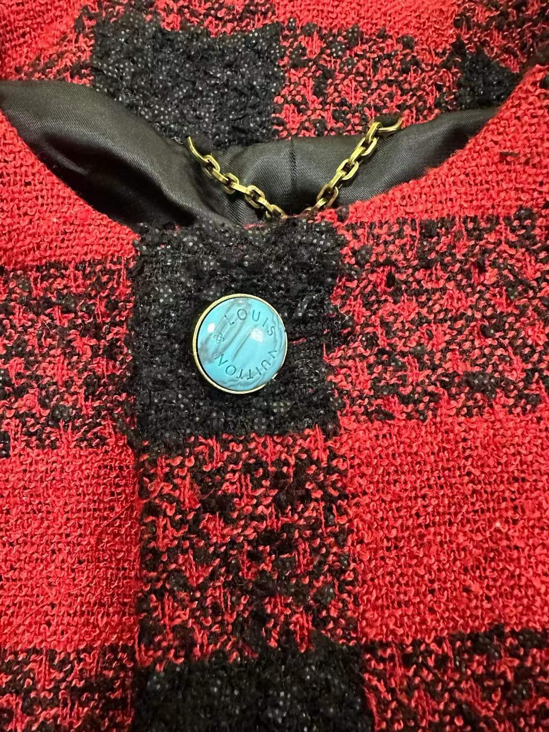 LV Damier Collarless Tweed Jacket in a red and black plaid wool bouclé fabric