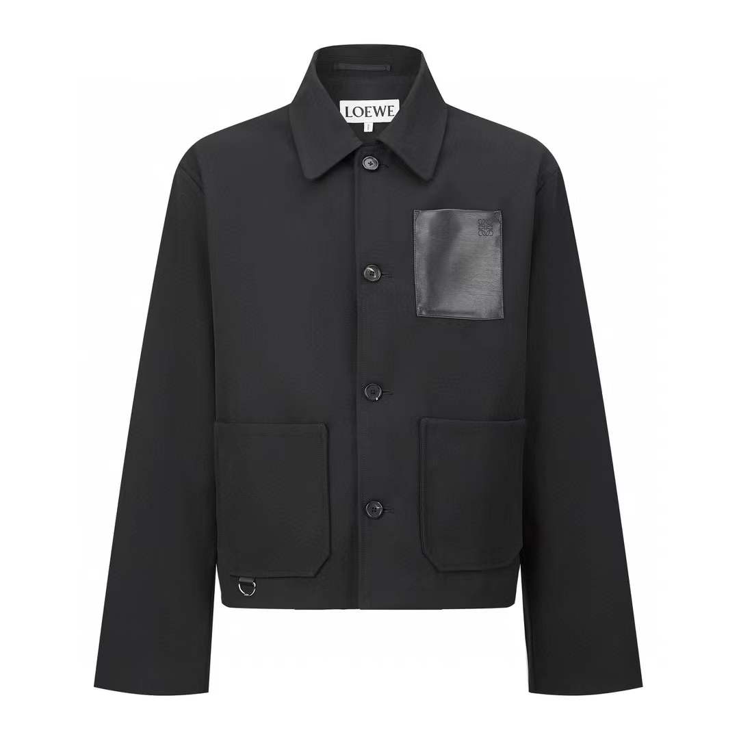 Loewe black workwear jacket in a wool-cashmere blend with a leather patch pocket and D-ring detail
