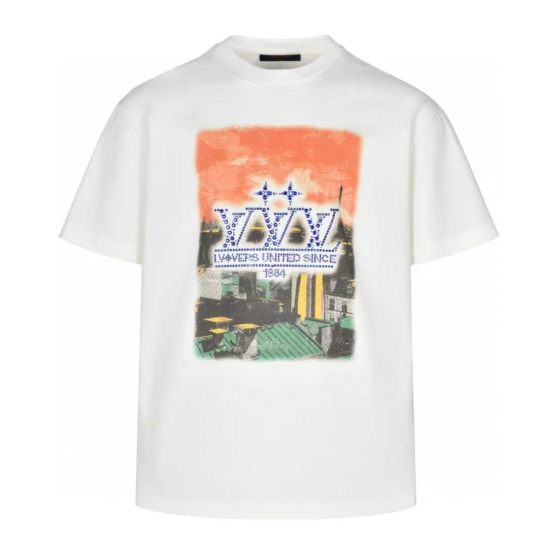 LV 'Lovers United' T-Shirt in cotton with a Paris rooftop graphic and blue crystal embellishments