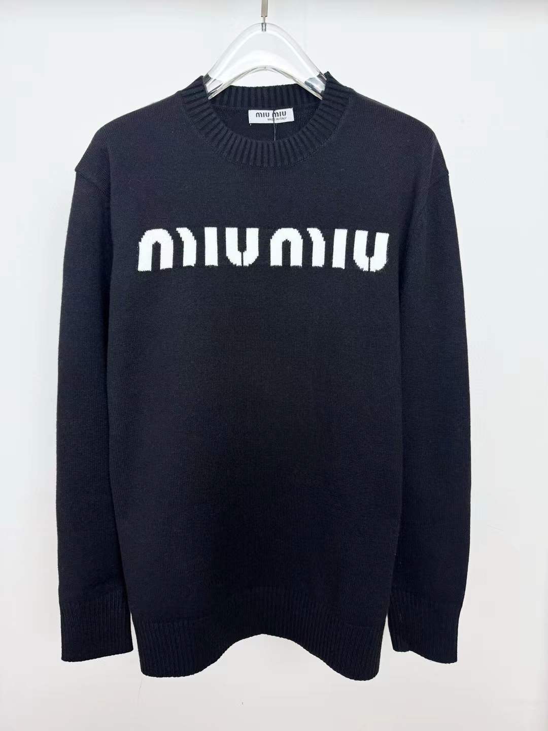 Miu Miu black logo-jacquard cashmere and wool blend sweater